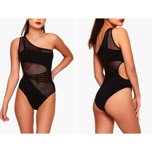New Hauty Size O/S One-Shoulder Openwork Knit Seamless Teddy Bodysuits Black